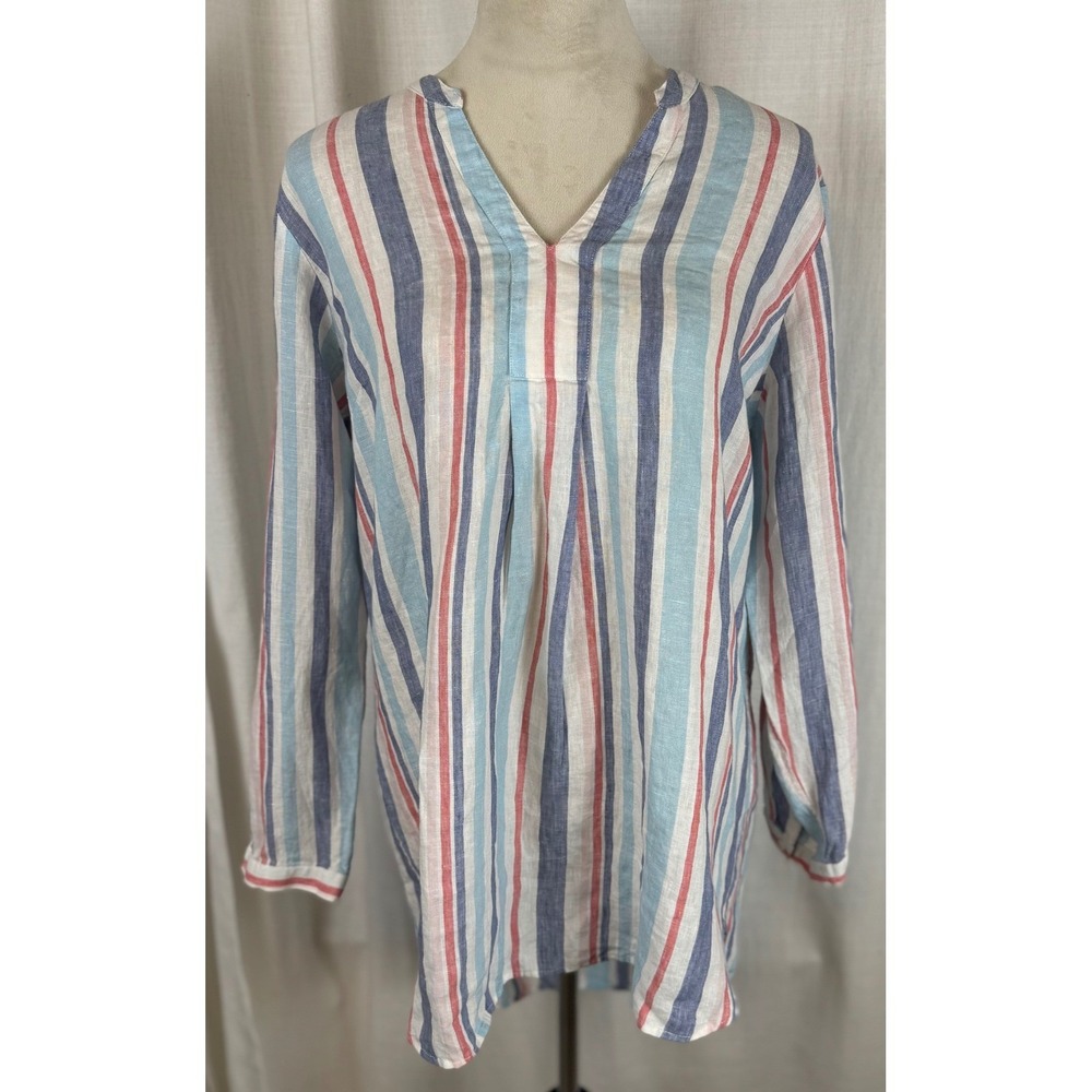 L.L. Bean Linen Striped V Neck Tunic Top Women's Size Large - Picture 2 of 9